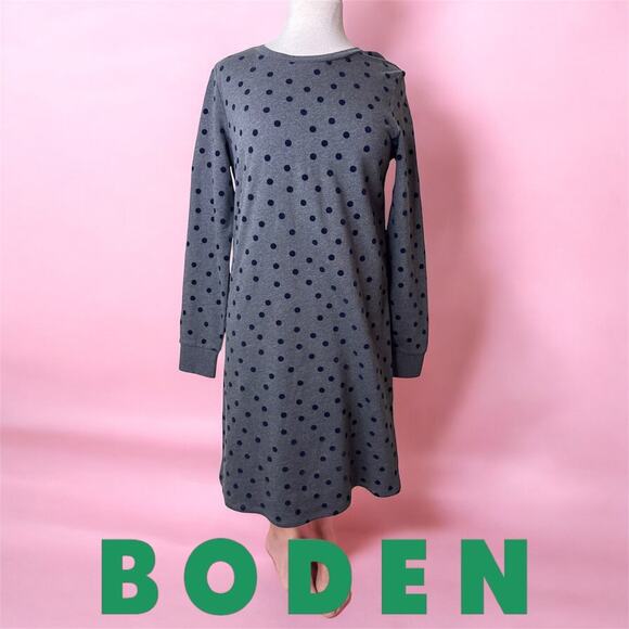 Boden Long Sleeve Grey Navy Polka Dot Dress 100% Cotton Size 4 Womens Small - Picture 1 of 10